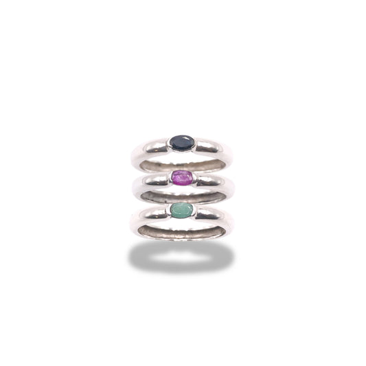 Sapphire / Ruby / Emerald Sterling Silver Half Bezel Stackable Rings Refined Jewelry