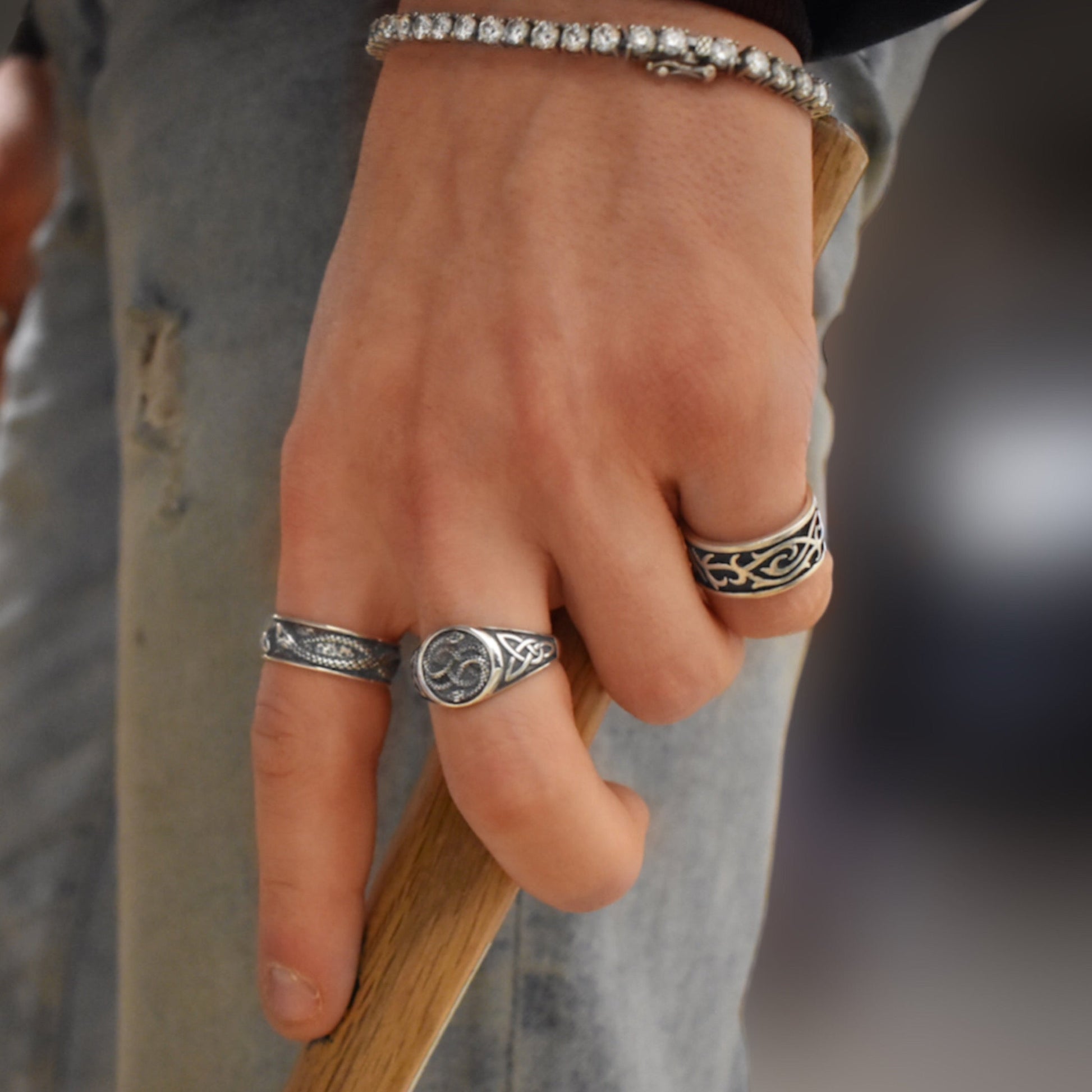 Sterling Silver Celtic Wrapped Snake Round Top Signet Ring Refined Jewelry