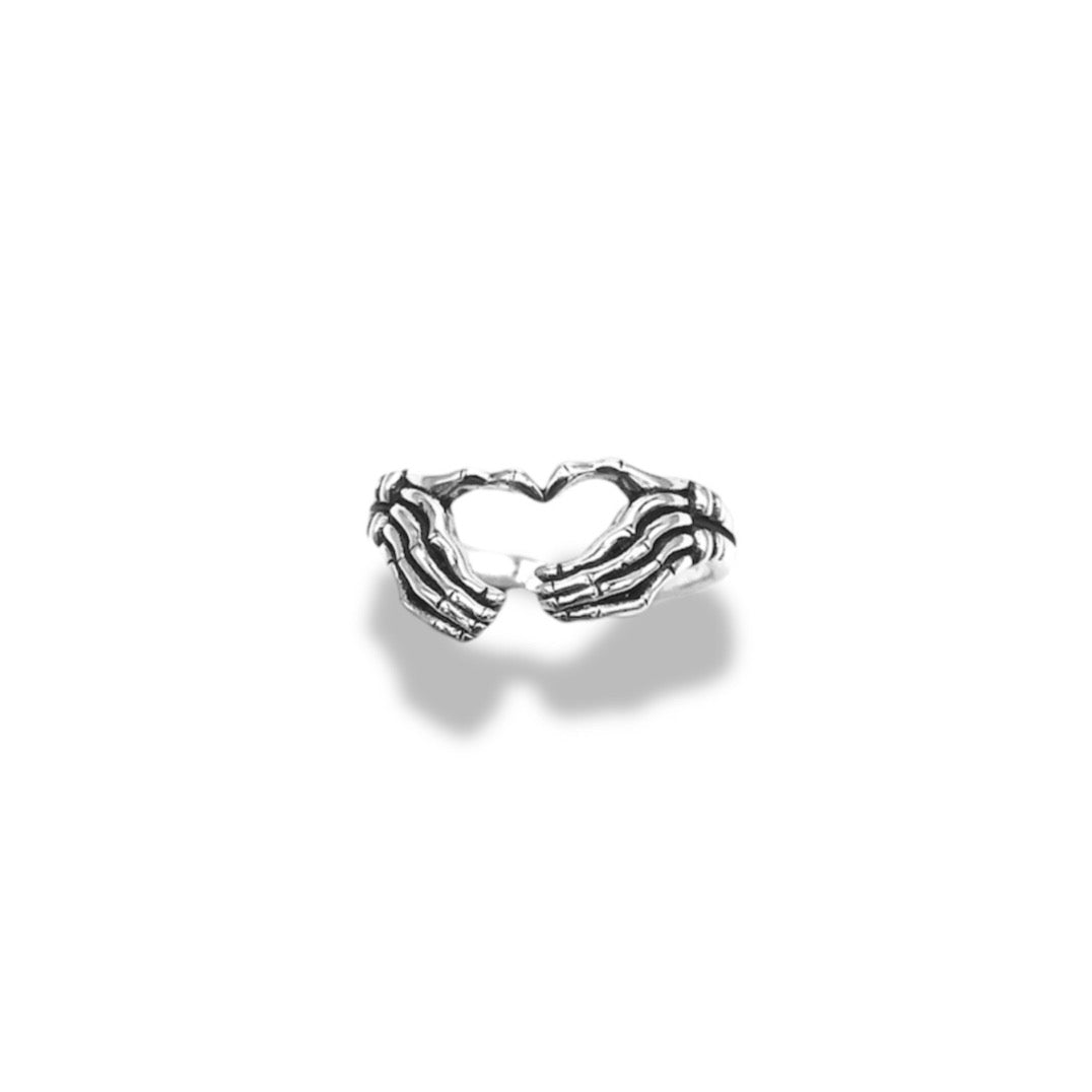 Sterling Silver Skeleton Heart Hands Ring Refined Jewelry